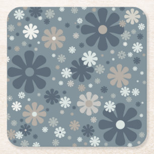 Dessous-de-verre Carré En Papier Modèle floral rétro en bleu acier