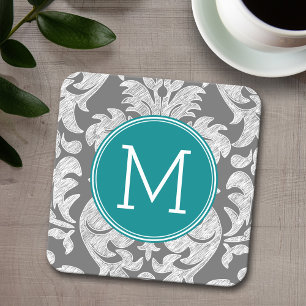 Dessous-de-verre Carré En Papier Modèle gris chic et Damas Turquoise Monogramme per