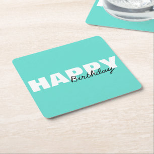 Dessous-de-verre Carré En Papier Moderne Aqua Blue Typographie Bonne fête d'anniver