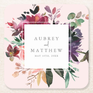 Dessous-de-verre Carré En Papier Moderne Bourgogne Floral Blush Mariage rose