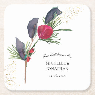 Dessous-de-verre Carré En Papier Moderne Rouge vert hiver Floral Mariage chrétien