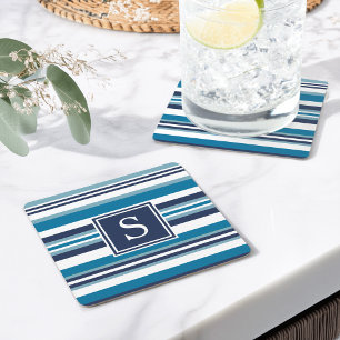 Dessous-de-verre Carré En Papier Monogramme à bandes multiples bleu et blanc