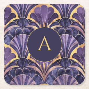 Dessous-de-verre Carré En Papier Monogramme Art Déco personnalisé or violet élégant