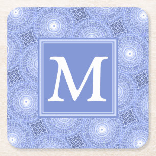 Dessous-de-verre Carré En Papier Monogramme bleu cercles motif