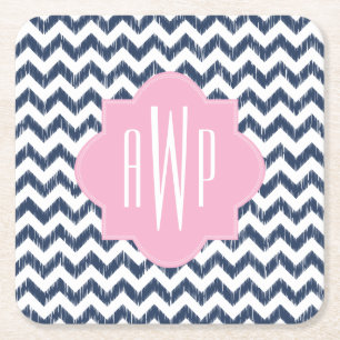 Dessous-de-verre Carré En Papier Monogramme bleu de Chevron Ikat