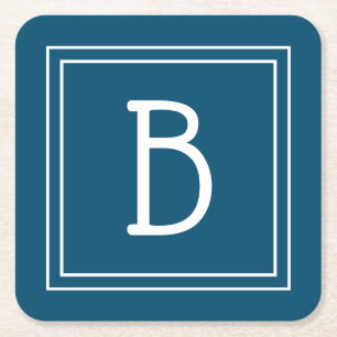 Dessous-de-verre Carré En Papier Monogramme côtier bleu océan et blanc initial