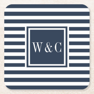 Dessous-de-verre Carré En Papier Monogramme de bande bleue et blanche de Preppy Nav