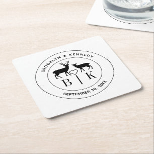 Dessous-de-verre Carré En Papier Monogramme de cerf Mariage rustique Couple Nom