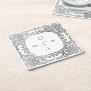 Dessous-de-verre Carré En Papier Monogramme de couple vintage argenté élégant