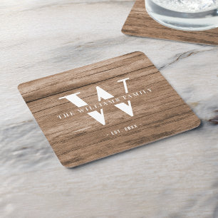Dessous-de-verre Carré En Papier Monogramme de famille rustique moderne Nom de fami