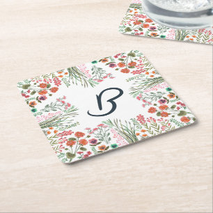 Dessous-de-verre Carré En Papier Monogramme de Fête de Mariage aux Fleurs Sauvages 