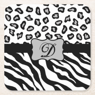 Dessous-de-verre Carré En Papier Monogramme de la peau du léopard blanc noir