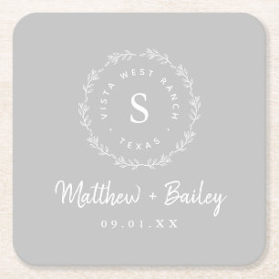 Dessous-de-verre Carré En Papier Monogramme de Mariage de couronne rustique   Gris