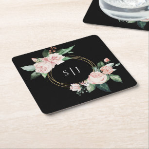 Dessous-de-verre Carré En Papier Monogramme de Mariage noir flou