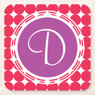 Dessous-de-verre Carré En Papier Monogramme de point Polka violet et rouge