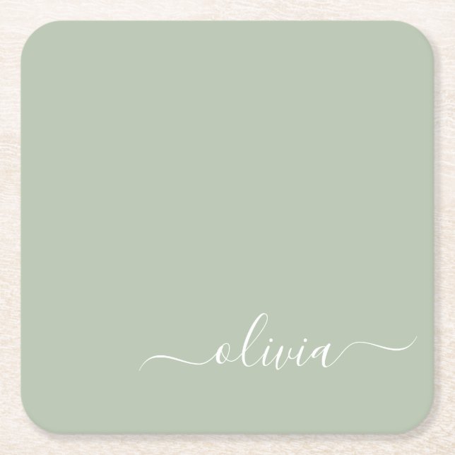 Dessous-de-verre Carré En Papier Monogramme Élégant Minimaliste Moderne Vert Sauge (Devant)