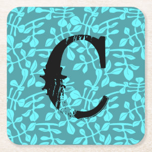 Dessous-de-verre Carré En Papier Monogramme en détresse sur feuilles stylisées aqua