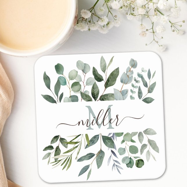 Dessous-de-verre Carré En Papier Monogramme feuilles de verdure d'eucalyptus vert s (In situ)