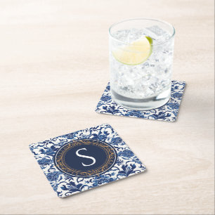 Dessous-de-verre Carré En Papier Monogramme floral chinoiserie bleu et blanc