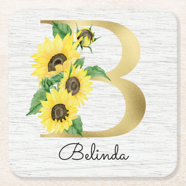 Dessous-de-verre Carré En Papier Monogramme Gold Sunflower Girl Floral initial B (Devant)