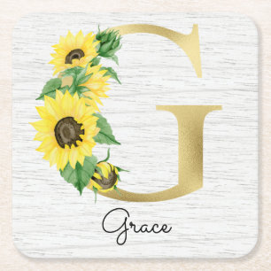 Dessous-de-verre Carré En Papier Monogramme Gold Sunflower Girl Floral Initial G
