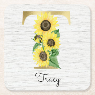 Dessous-de-verre Carré En Papier Monogramme Gold Sunflower Girl Floral Initial T