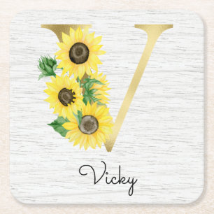 Dessous-de-verre Carré En Papier Monogramme Gold Sunflower Girl Floral Initial V