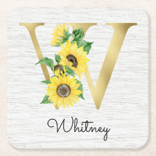 Dessous-de-verre Carré En Papier Monogramme Gold Sunflower Girl Floral Initial W