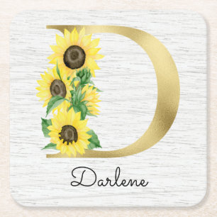 Dessous-de-verre Carré En Papier Monogramme Gold tournesol Girl Floral Initial D