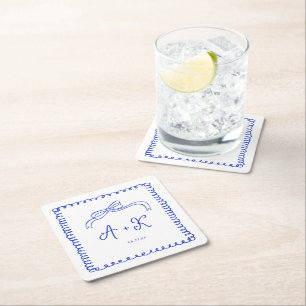 Dessous-de-verre Carré En Papier Monogramme Mariage bleu français tiré à la main