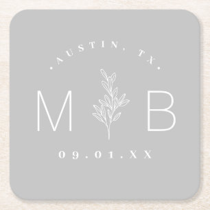 Dessous-de-verre Carré En Papier Monogramme Mariage de tige florale rustique   Gris