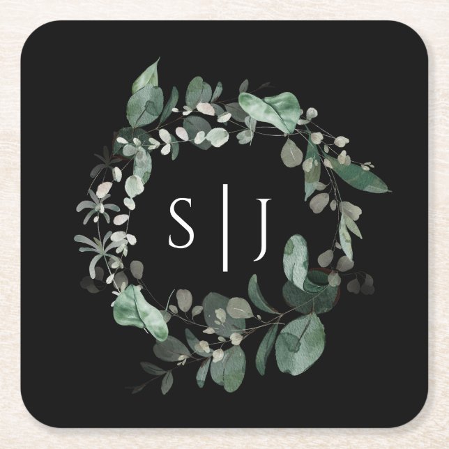Dessous-de-verre Carré En Papier Monogramme Mariage noir vert moderne (Devant)