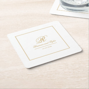 Dessous-de-verre Carré En Papier Monogramme Mariage or classique simple
