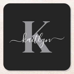 Dessous-de-verre Carré En Papier Monogramme moderne gris noir script