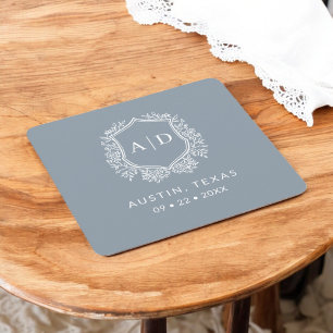 Dessous-de-verre Carré En Papier Monogramme moderne Mariage Dusty Blue Crest