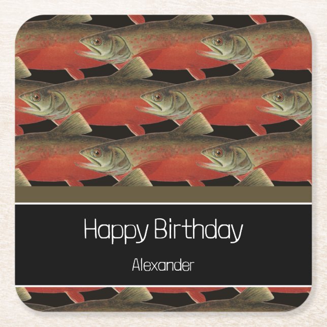 Dessous-de-verre Carré En Papier Monogramme moderne Poisson Saumon Design Noir Blan (Devant)