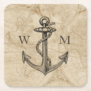 Dessous-de-verre Carré En Papier Monogramme nautique d'Ancre de carte de Vieux