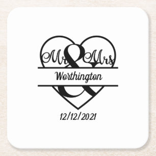 Dessous-de-verre Carré En Papier Monogramme Nom Date Cœur Mariage