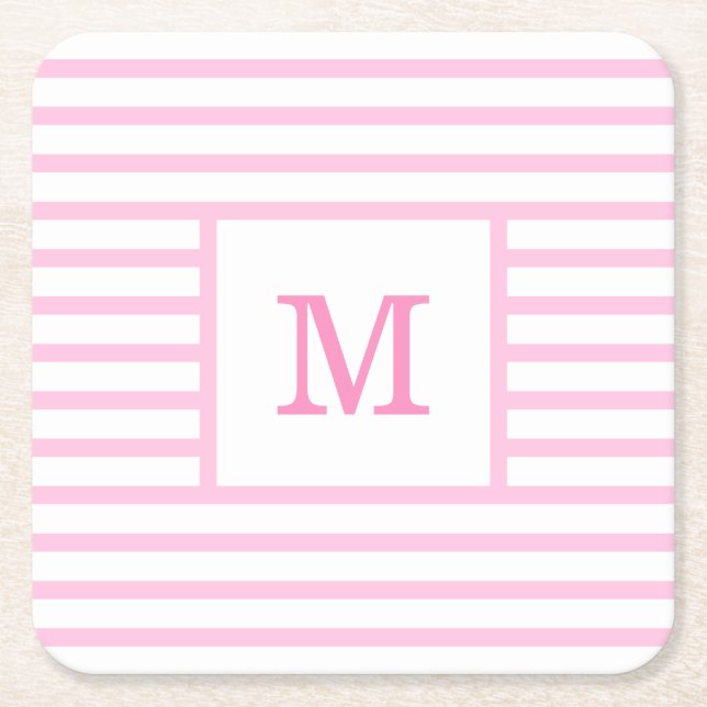 Dessous-de-verre Carré En Papier Monogramme personnalisé Bébé rose et blanc (Devant)