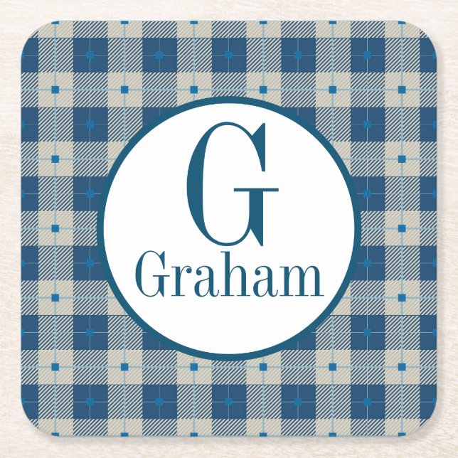 Dessous-de-verre Carré En Papier Monogramme Plaid Blue Lodge Personnalisé (Devant)