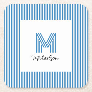 Dessous-de-verre Carré En Papier Monogramme rayures bleues côtières minimalistes mo