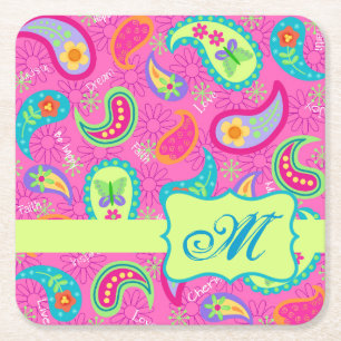 Dessous-de-verre Carré En Papier Monogramme rose chaud Personnalisé Paisley moderne