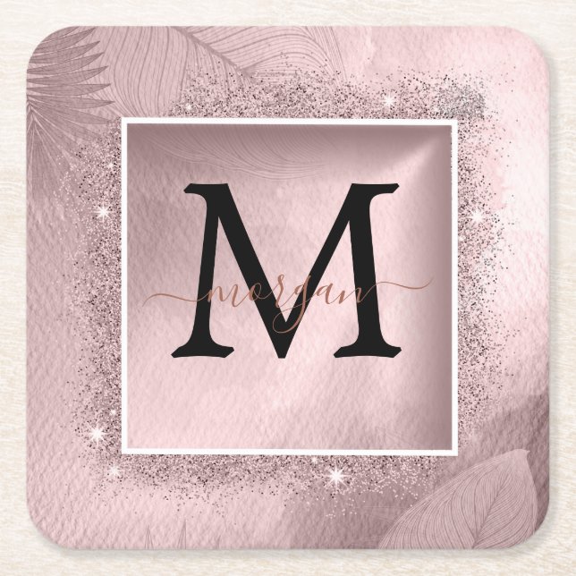 Dessous-de-verre Carré En Papier Monogramme rose Parties scintillant or (Devant)