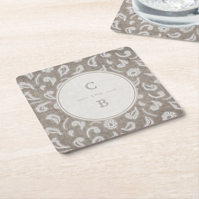 Dessous-de-verre Carré En Papier Monographie de mariage campagnard rustique dentell (Incliné)