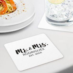 Dessous-de-verre Carré En Papier Monsieur et Madame Modern Brush Font Célébration d