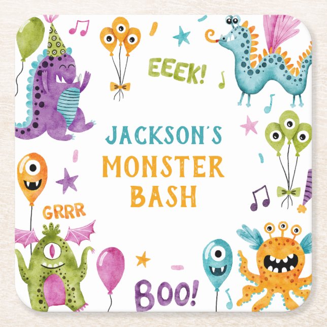 Dessous-de-verre Carré En Papier Monster Bash Little Monster Fête d'anniversaire (Devant)
