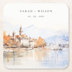 Dessous-de-verre Carré En Papier Montreux Suisse Paysage Aquarelle Mariage