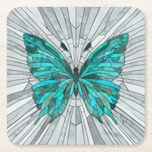 Dessous-de-verre Carré En Papier Mosaïque de papillon - vert émeraude et gris