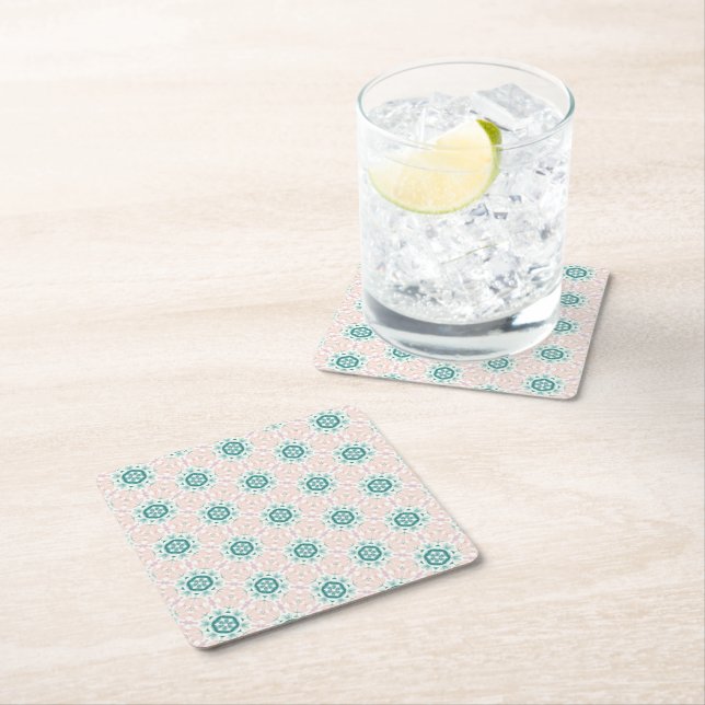 Dessous-de-verre Carré En Papier Mosaïques roses et turquoise (En situation)