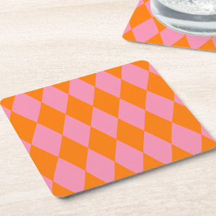 Dessous-de-verre Carré En Papier Motif à carreaux Harlequin orange et rose